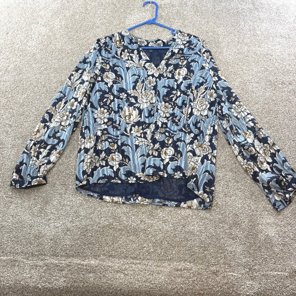 Ann Taylor Factory Blue Floral Metallic Stripe V-Neck Blouse Womens M Office